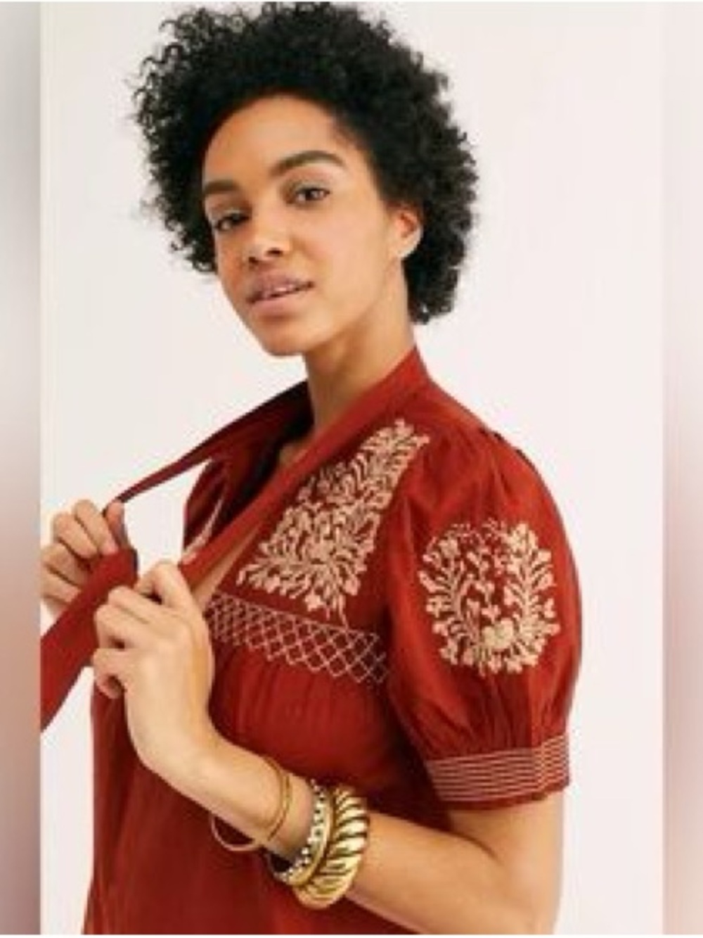 Free People Rust Red Embroidered Puff Sleeve Blouse